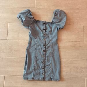 Blashe Square Neckline Puffed Sleeves Linen Blend Mini Dress Denim Blue Small